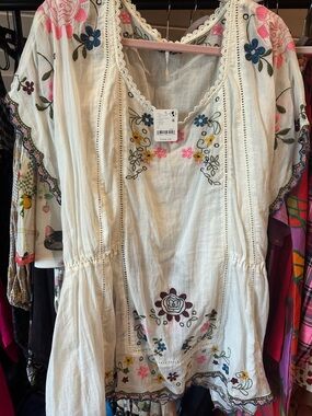 FREE PEOPLE “Danielle” Cotton Voile Embroidered Blouse Cloud Dancer Large NWT